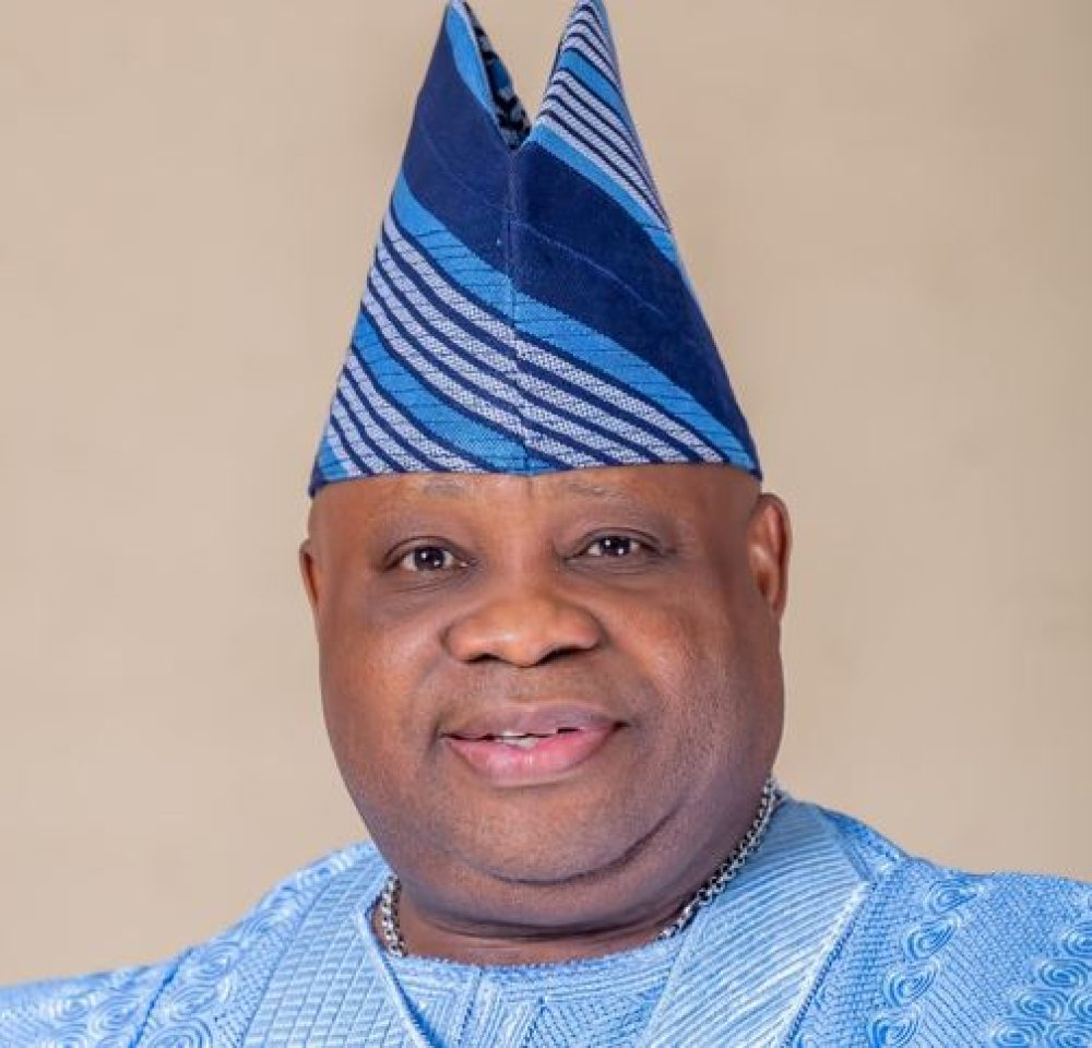 Official portrait of Governor Ademola Nurudeen Jackson Adeleke in traditional blue aso oke attire